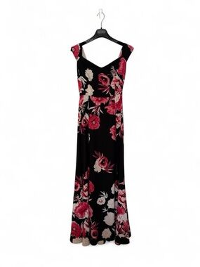 Eva Mendes Black Floral Maxi Dress with Pink and Cream Blooms |Size 6/S